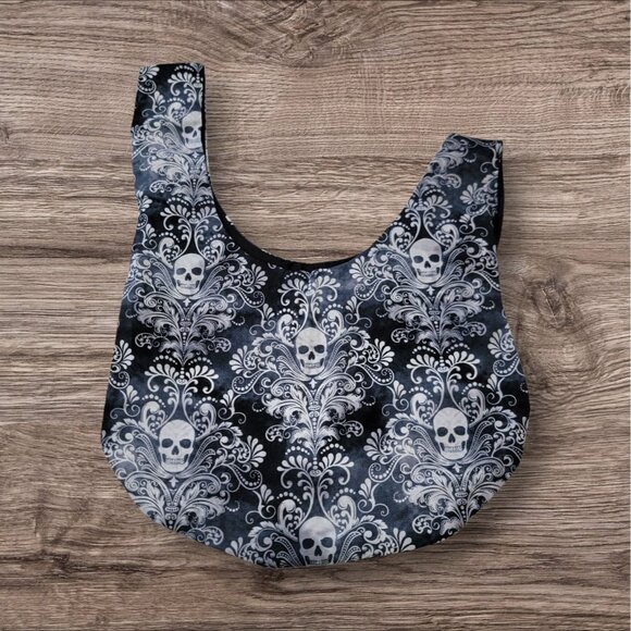 Skull and Floral Fabric Tote Bag  Double Handles Goth Emo Grunge Bag - Picture 1 of 6